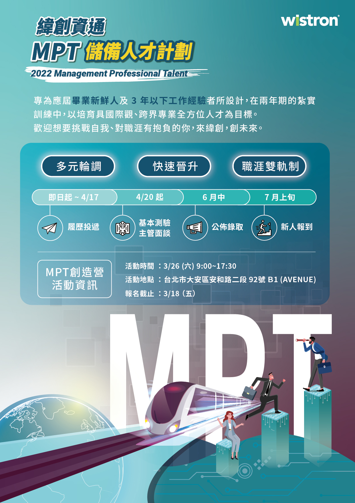 人才儲備計畫(MPT)DM。內容: 履歷投遞到4/17,基本測驗級主管面談從4/20起,6月中公布錄取,七月上旬新人報到。MPT創造營活動資訊:3/26 09:00~17:30。活動地點:台北市大安區安和路二段92號B1。報名截止:3/18